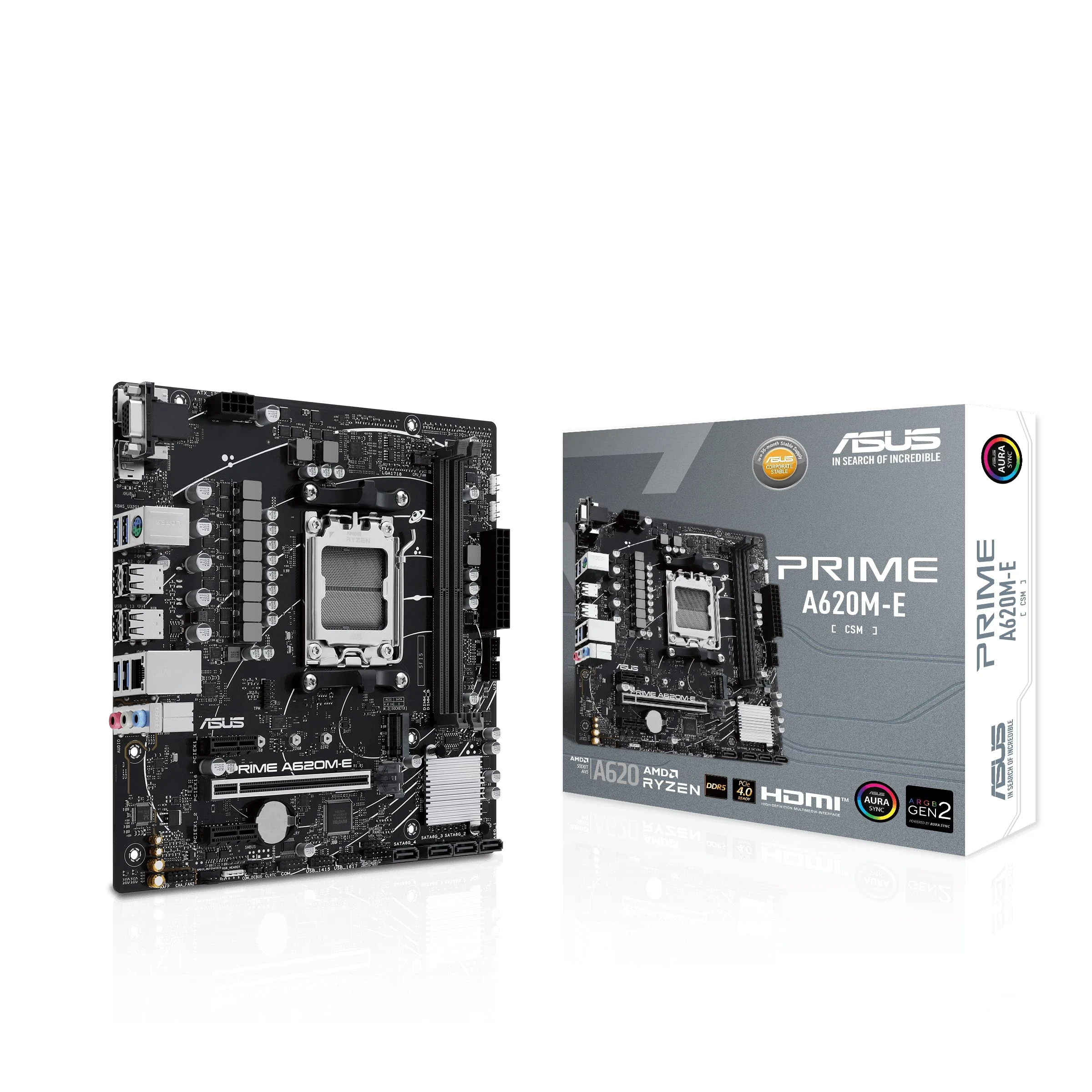 ASUS Prime A620M-E-CSM Motherboard Socket AMD A620 (Ryzen 7000, Micro-ATX, DDR5 Memory, PCIe 4.0, BIOS Flashback, USB 3.2 Gen 2, Aura Sync)