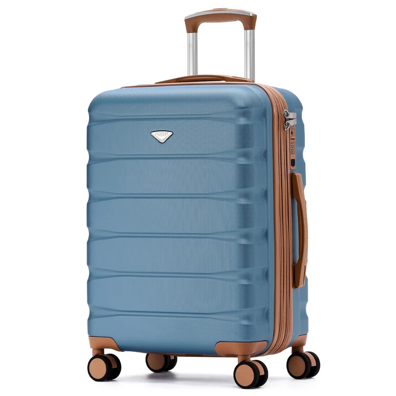Flight Knight Carry On Suitcase Hardside with Built in TSA Lock & USB Port Lightweight Luggage Silent Double Spinner Wheels Maximum Carry-On Bag Size for American & United Approved Airlines, Blue/Tan