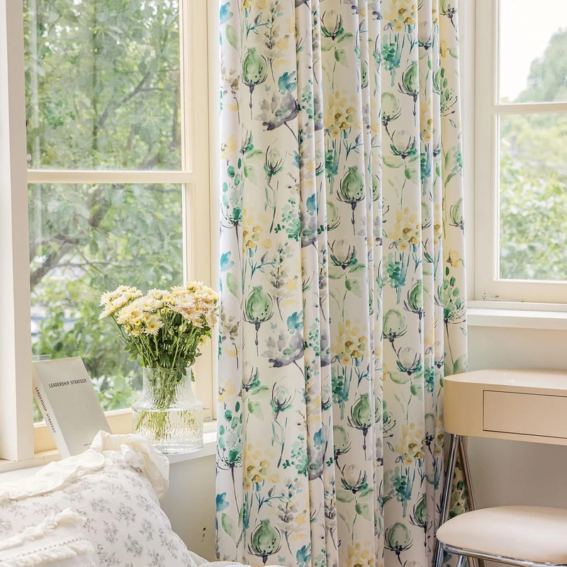 SUOUO Floral Curtains for Living Room Chenille Printed Watercolour Green Flower Light Filtering Window Drapes Set for Bedroom Dining 2 Panels 84 Inches Long Grommet