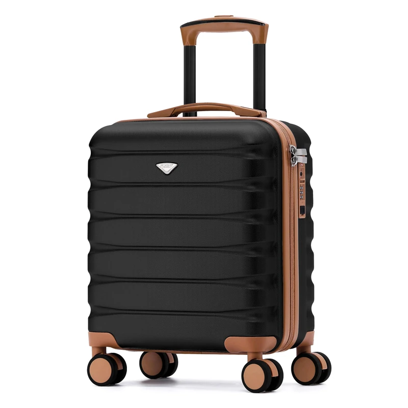 Flight Knight Carry On Suitcase Hardside Built in TSA Lock & USB Port Silent Double Spinner Wheels Maximum Underseat Carry-On Bag for American & United Approved Airlines(18x14x8,Black/Tan)