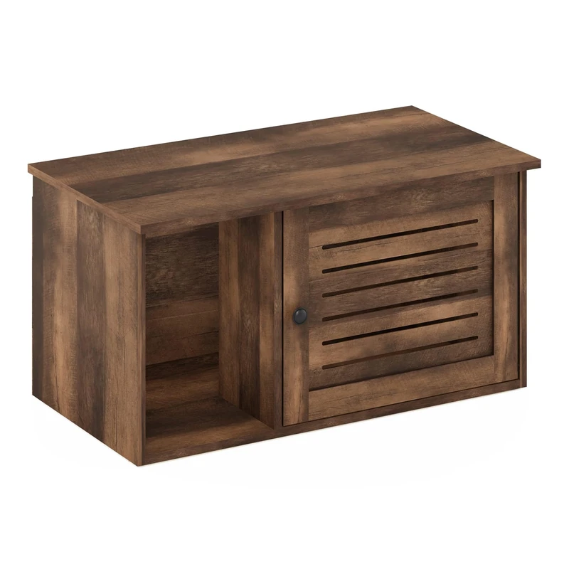 Furinno PELI Cat Litter Box Enclosure, Farmhouse Hidden Litter Box Furniture with Side Entrance, Wooden Pet House with Slatted Door, Easy Assembly, for Living Room, Rustic Brown