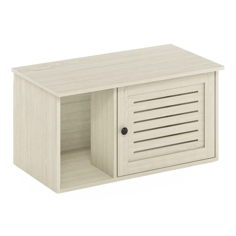 Furinno PELI Cat Litter Box Enclosure, Farmhouse Hidden Litter Box Furniture with Side Entrance, Wooden Pet House with Slatted Door, Easy Assembly, for Living Room, White Wash