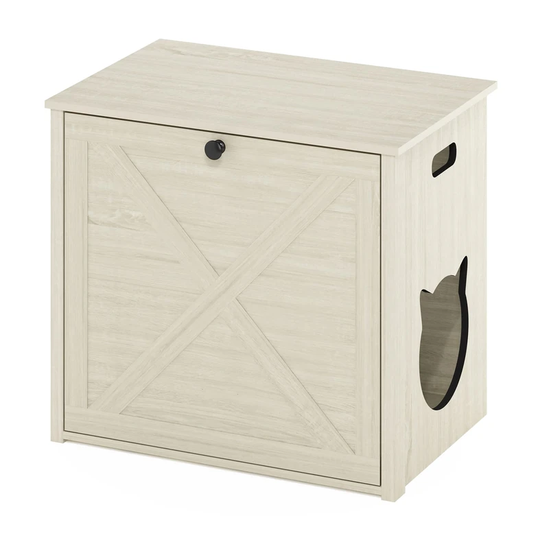 Furinno PELI Cat Litter Box Enclosure, Farmhouse Hidden Litter Box Furniture with Side Entrance, Wooden Pet House with Downward Open Slatted Door, Easy Assembly, for Living Room, White Wash