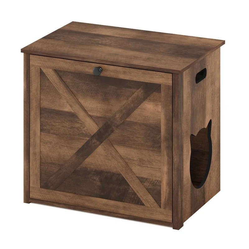 Furinno Peli Small Cat Litter Box Enclosure with Single Door, Rustic Brown - Image 1