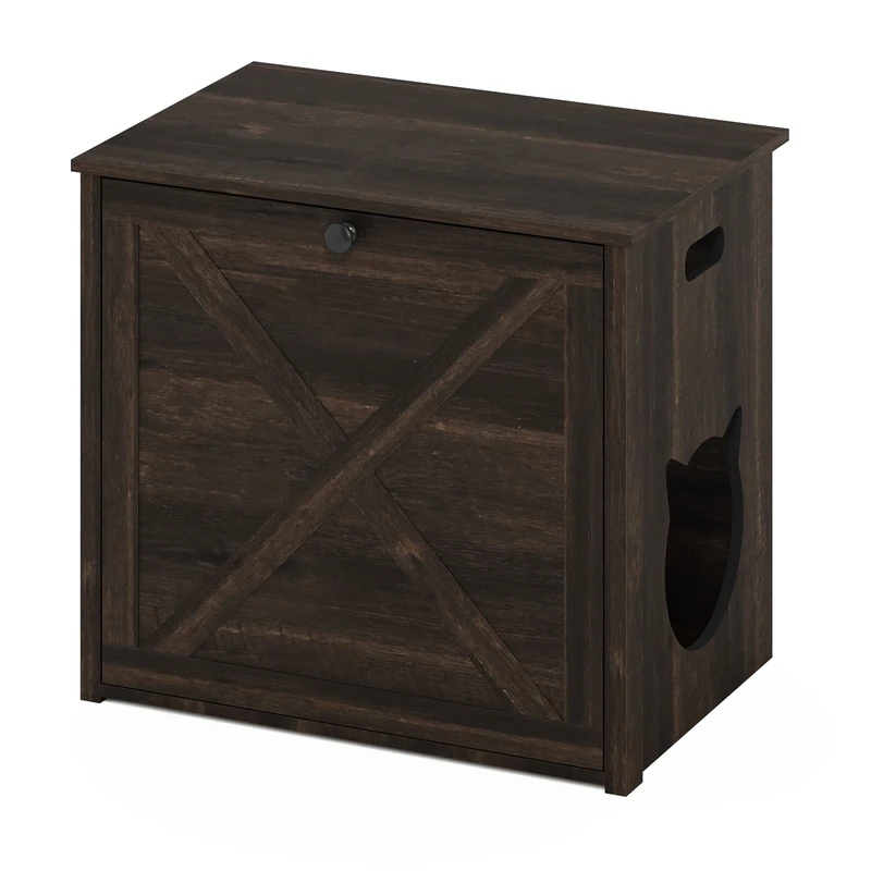 Furinno PELI Cat Litter Box Enclosure, Farmhouse Hidden Litter Box Furniture with Side Entrance, Wooden Pet House with Downward Open Slatted Door, Easy Assembly, for Living Room, Ebony - Image 1