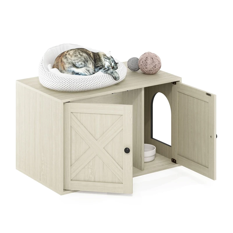 Furinno PELI Cat Litter Box Enclosure, Farmhouse Hidden Litter Box Furniture with Side Entrance, Wooden Pet House with 2 Slatted Doors, Easy Assembly, for Living Room, White Wash