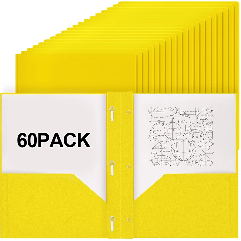 Yeaqee 60 Pieces Plastic Folders with Pockets and Prong Folders with Prongs Plastic Folders with 2 Pockets Pocket Folders for Office, School for Students, Teachers, Office Workers (Yellow)