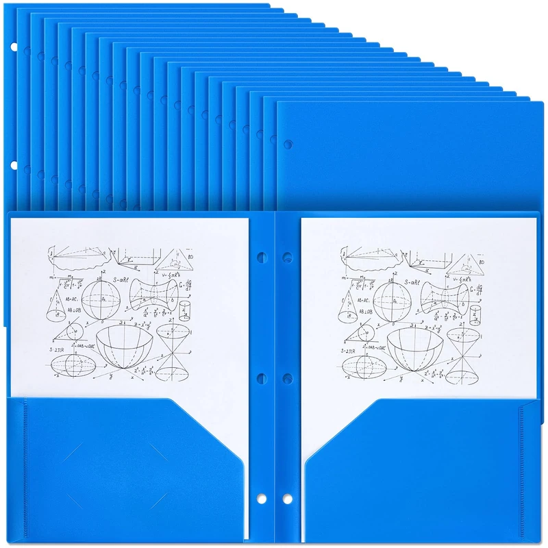Yeaqee 100 Pcs Plastic Folders with Pockets Bulk 3 Hole Punched 2 Pocket File Folders for 3 Ring Binder Divider Folder for Notebooks, Durable Poly for Office Home (Blue)