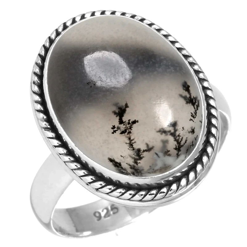 Jeweloporium Gray Dendrite Opal Silver Ring Size V 1/2, 925 Sterling Silver Ring for Women, Real Chunky Oval Stone Handmade Jewellery