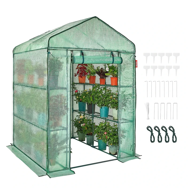 VEVOR Walk-in Green House, 4.6 x 4.6 x 6.6 ft Greenhouse with Shelves, Set Up in Minutes, High Strength PE Cover with Door & Windows and Steel Frame, Suitable for Planting and Storage, Green