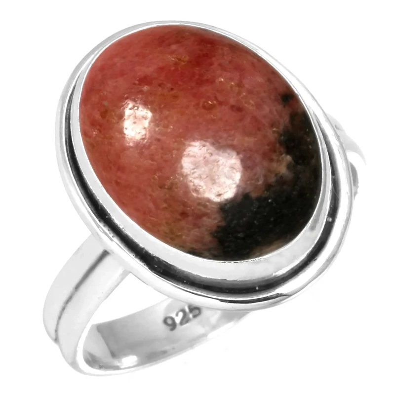 Jeweloporium Pink Rhodonite Silver Ring Size R 1/2, 925 Sterling Silver Ring for Women, Real Chunky Oval Stone Boho Jewellery