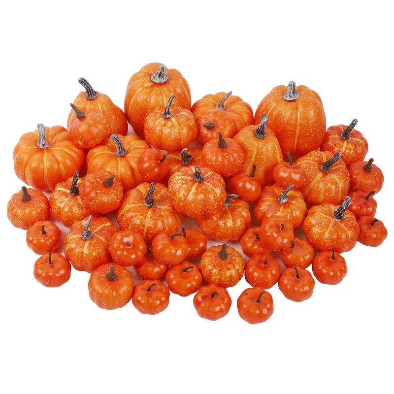 winemana 46 Pcs Assorted Size Artificial Pumpkins Fall Decorations, Orange Foam Pumpkin Autumn Decor, Decorative Faux Pumpkin for Harvest Thanksgiving Table Centerpiece Mantle Bowl Wedding Party
