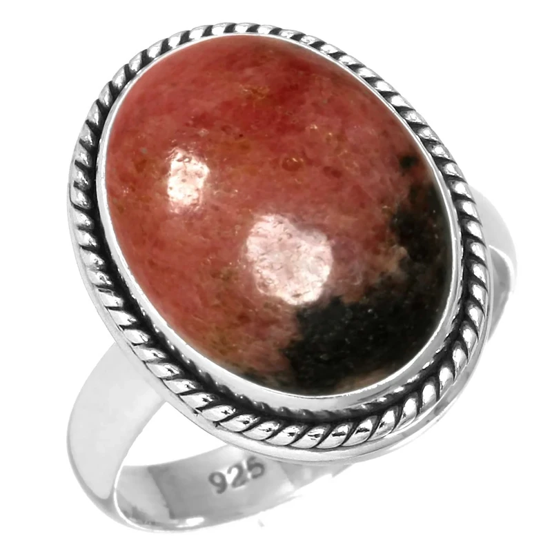 Jeweloporium Pink Rhodonite Silver Ring Size M 1/2, 925 Sterling Silver Ring for Women, Real Chunky Oval Gemstone Boho Jewellery