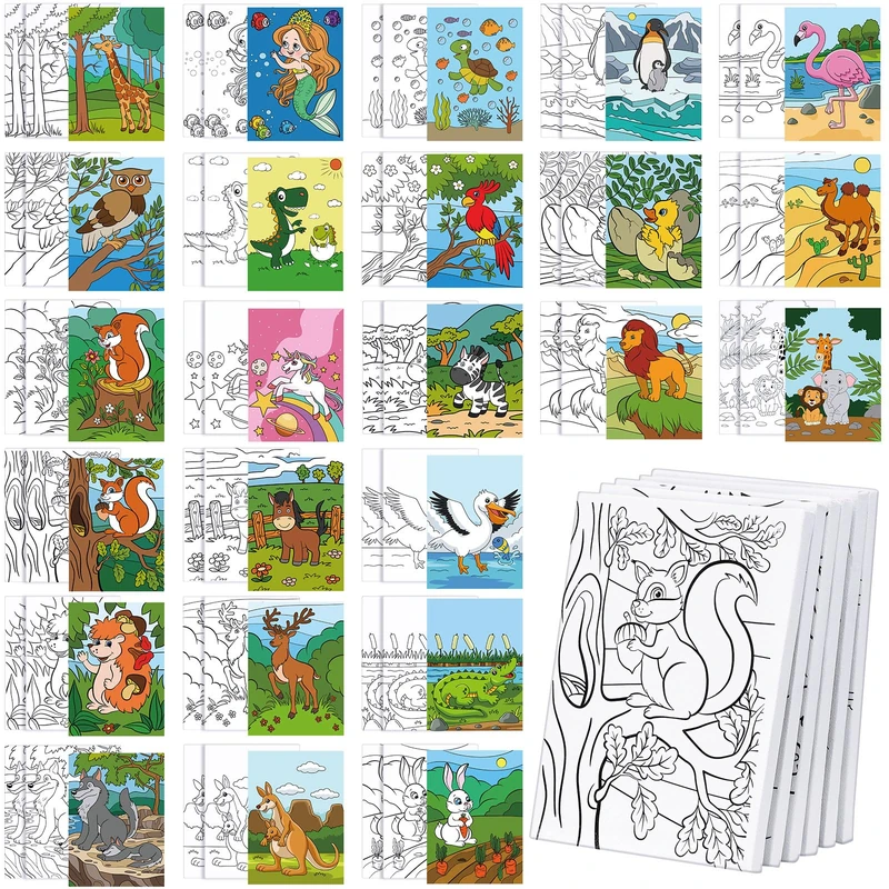Thenshop 48 Pcs Pre Drawn Canvas for Painting 5 x 7 Inch Painting Canvas Panels for Kids Pre Printed Canvas to Paint for Home School Kids Adults Beginners Student Party Gifts