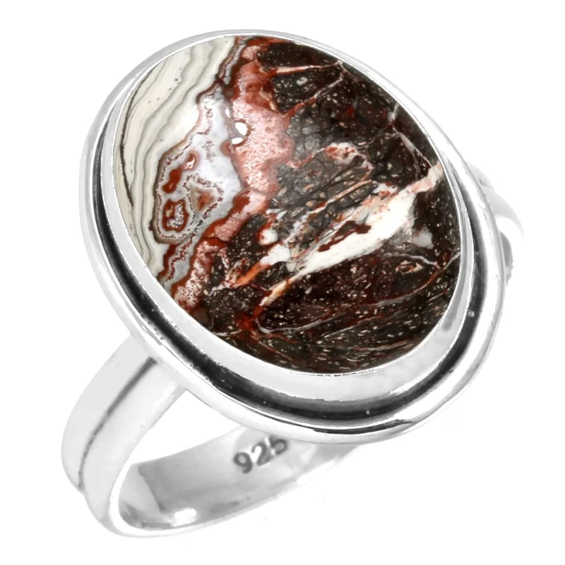Jeweloporium Multicolor Crazy Lace Agate Silver Ring Size R 1/2, 925 Sterling Silver Ring for Women, Real Chunky Oval Stone Handmade Jewellery