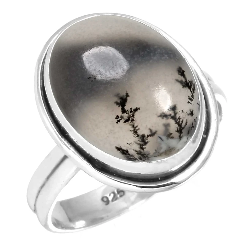 Jeweloporium Gray Dendrite Agate Silver Ring Size X, 925 Sterling Silver Ring for Women, Natural Chunky Oval Gemstone Boho Jewellery