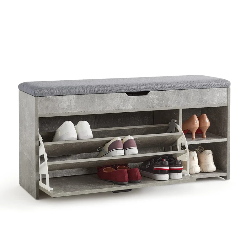 Mondeer Meerveil Shoe Bench with Seat, Storage Bench with Flip-up Drawer and Open Storage Space, Wooden Industrial Style for Hallway Entryway, W100 x H52 x D30 cm, Grey