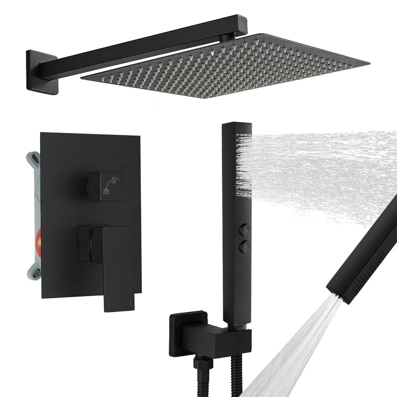 RUMOSE Matte Black Rainfall Shower System 12 Inch High Pressure Square Shower Head with 2 in 1 Handheld Spray Wall Mount Brass Bathroom Shower Faucet Set with cUPC Certified Rough-in Valve