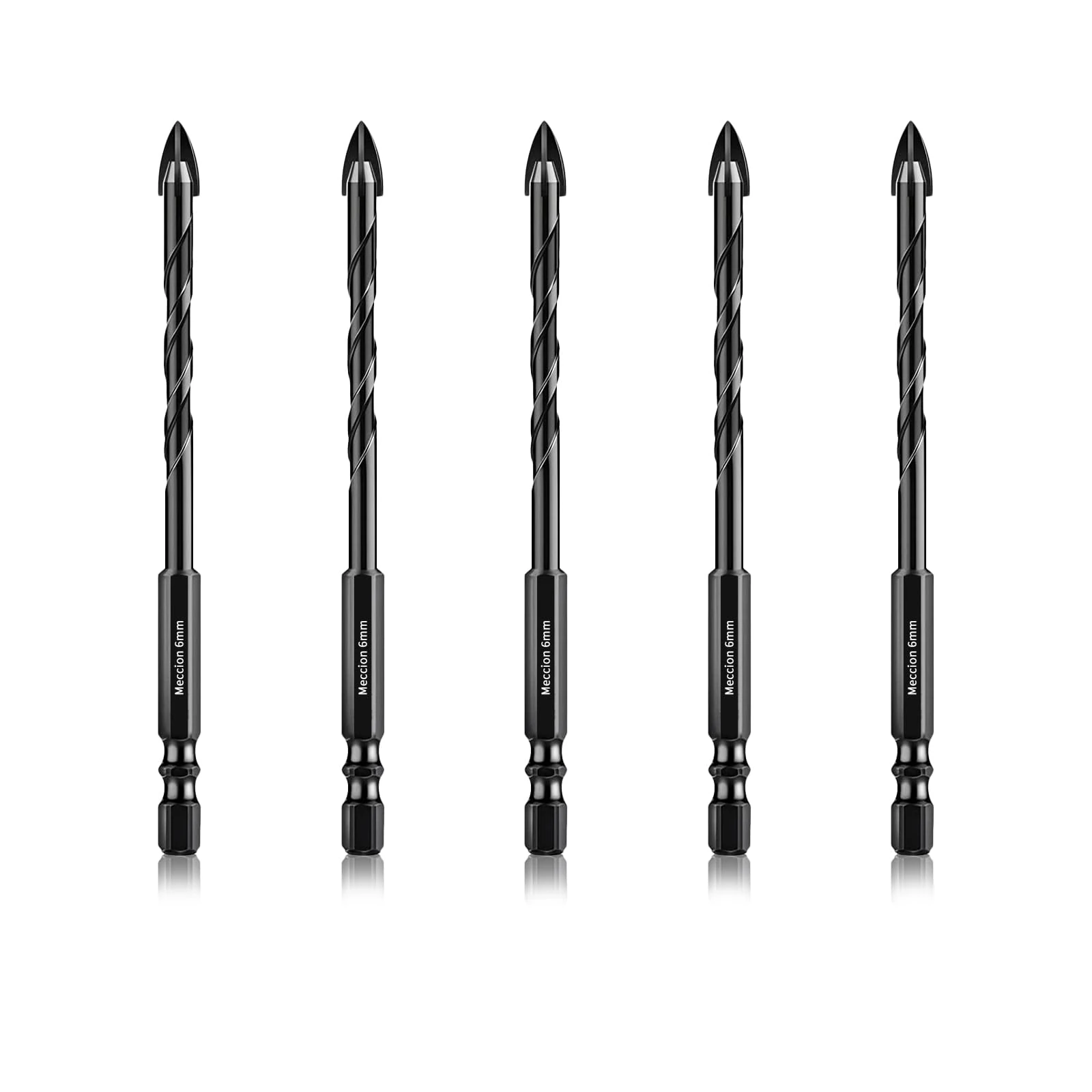Meccion Tile Drill Bit 6mm x 5Pcs Professional Cross Tungsten Carbide Tip Drill Bits for Tile, Brick, Glass, Porcelain, Plastic, Wood, Cement, Mild Metal