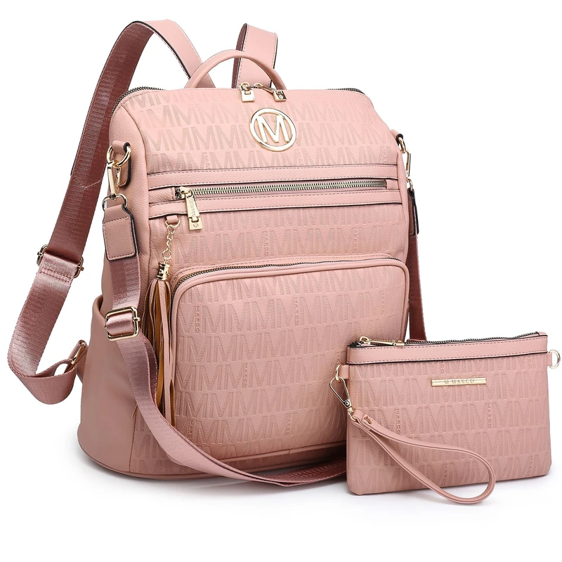 MKP COLLECTION Women Fashion Backpack Purse Convertible Large Ladies Rucksack Travel Shoulder Bags Handbag Set w/Tassel 2pcs, Pink-1, L, Women Fashion Backpack - Image 1
