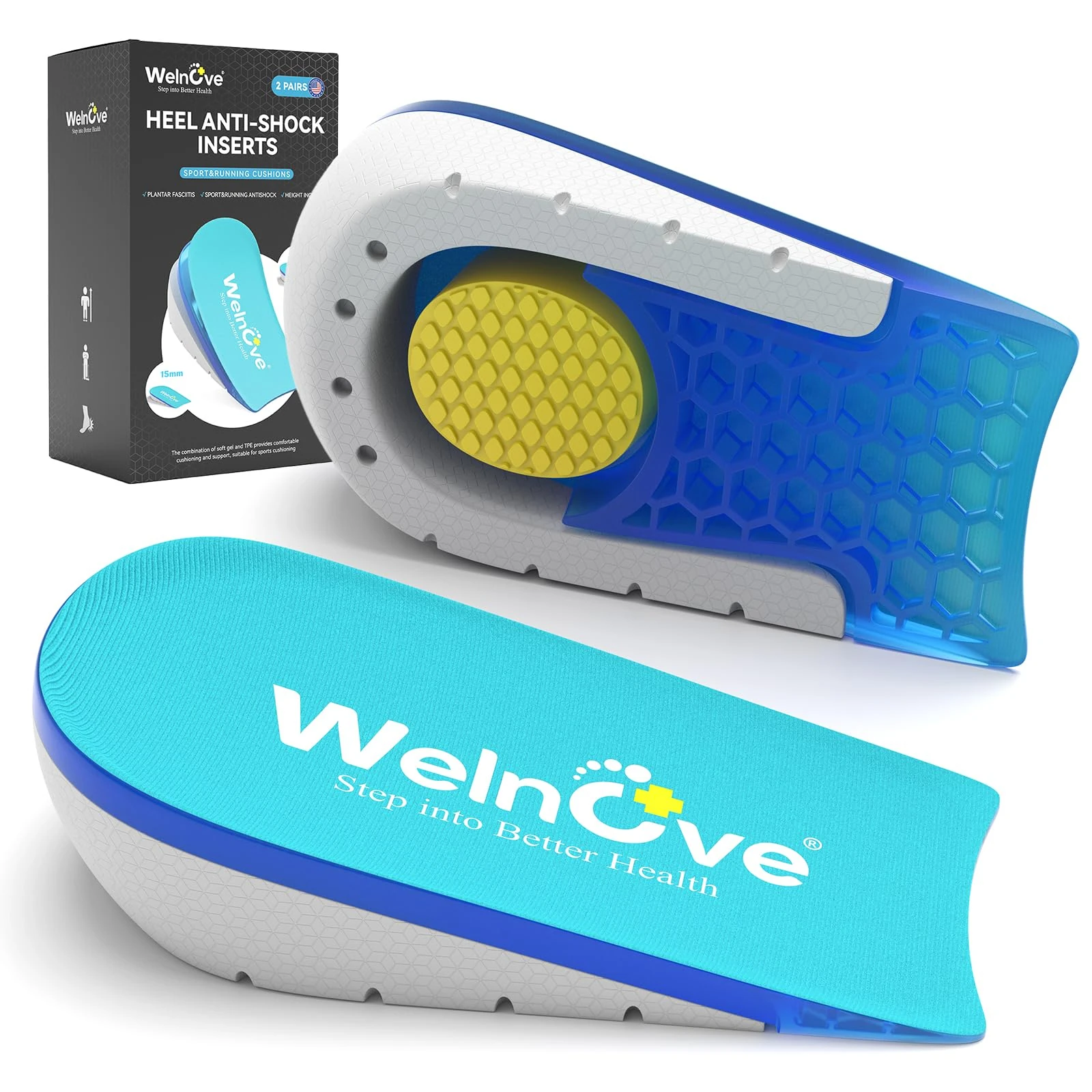 Welnove Shoe Inserts Gel Heel Cushion Cup for Achilles Tendonitis, Plantar Fasciitis, Heel Pain, Heel Spur, 0.6" 1" Height Heel Lift Support for Women 4.5-7.5 & Men 4-6(2 Pair)
