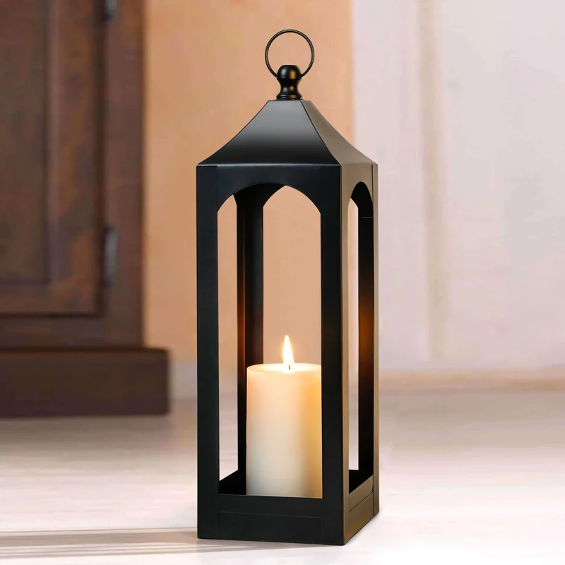 Modern Farmhouse Lantern Decor, Black Metal Decorative Hanging Candle Lanterns Ideal for Home Decor, Parties & Events, 23" High (No Glass Panel)