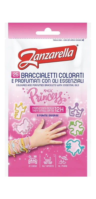 Zanzarella, 24 x 25 Magic Princess Mosquito Repellent Wristbands 100% Recyclable Silicone with Natural Oil Based Mosquito Repellent Active Up to 12 Hours with 5 Colourful Designs, One Size Fits All