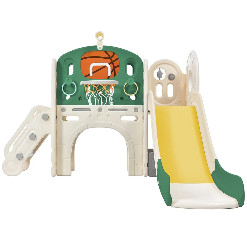 ModernLuxe Children's Combo Slide with Long Slide,Storage Box,Tunnel,Stair Ladder,Basketball Hoop,and Passage Area. Easy Assembly and Convenient Storage Made from HDPE Materials Green
