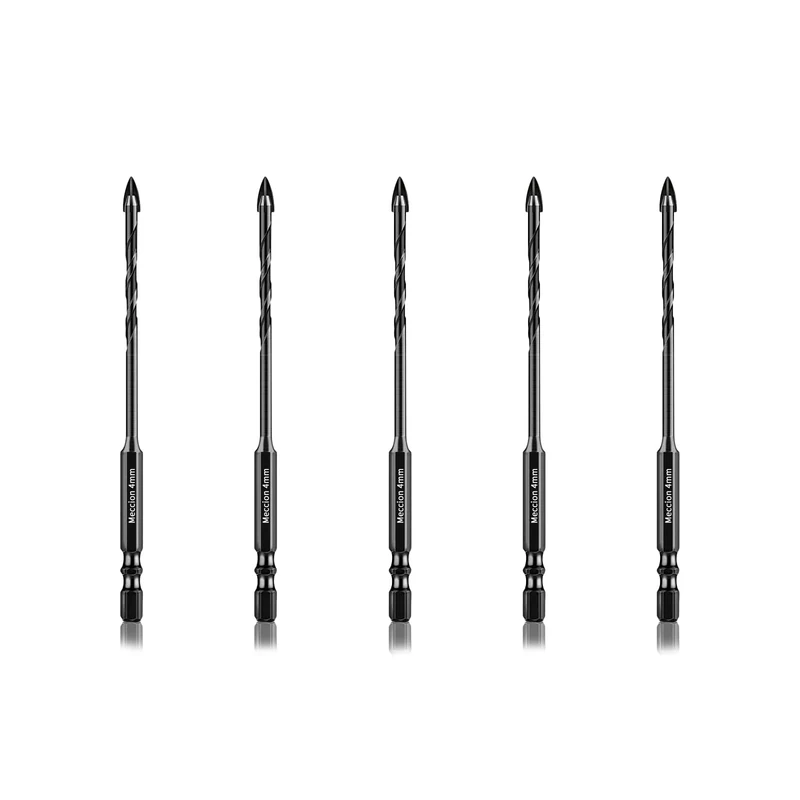 Meccion Tile Drill Bit 4mm x 5Pcs Professional Cross Tungsten Carbide Tip Drill Bits for Tile, Brick, Glass, Porcelain, Plastic, Wood, Cement, Mild Metal