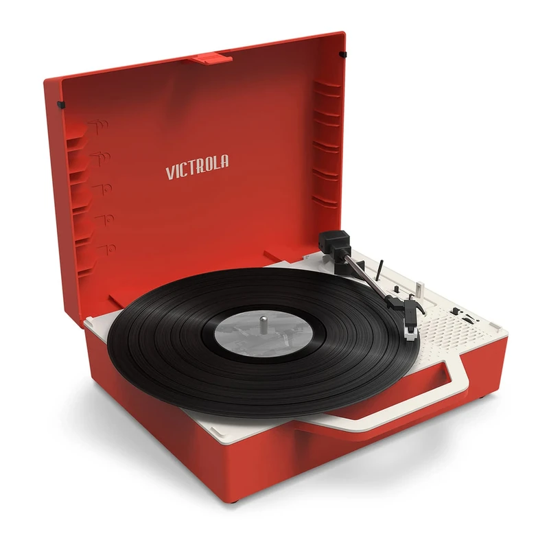 Victrola Re-Spin – Sustainable Suitcase Vinyl Record Player, 3-Speed (33 1/3, 45 & 78 RPM), Belt-Driven Bluetooth Turntable with Built-in Bass Radiator, 3.5mm Headphone Jack (Red)