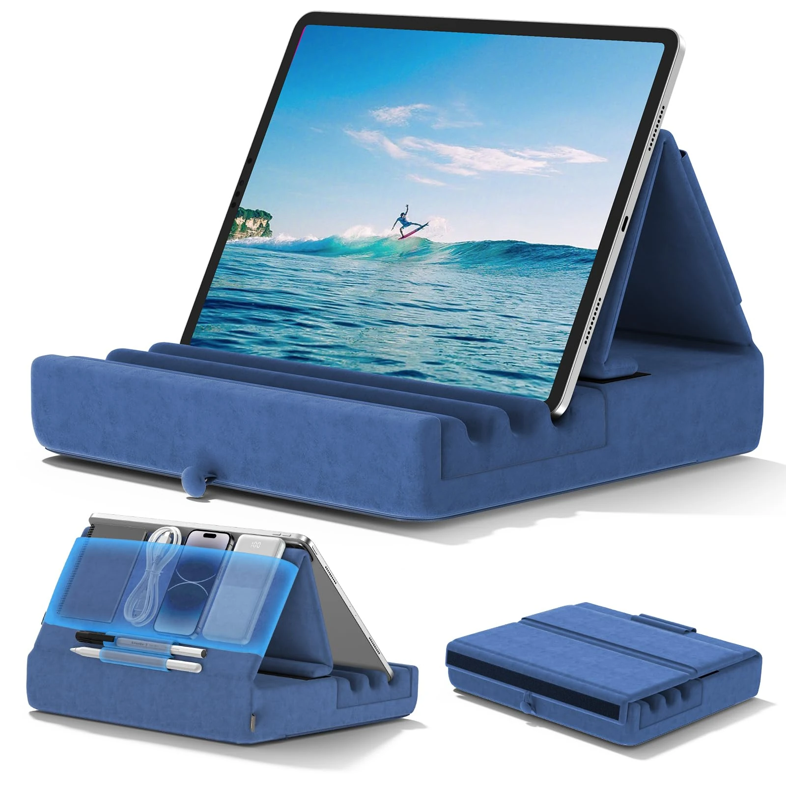 KDD Tablet Pillow Holder, Foldable iPad Stand for Lap, Bed and Desk -Tablet Soft Pad Dock with Pocket & Stylus Mount Compatible with iPad Pro 12.9, 10.5, 9.7 Air Mini 6 5 4 3, Kindle, E-Reader, Blue