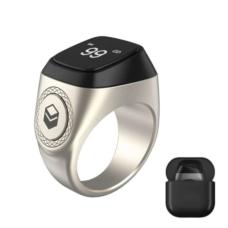 Muslim Digital Ring, Smart OLED Display Tasbih Ring with Finger Counter, Tasbih Tally Clicker, Counter Prayer Reminder, Ring Bluetooth Digital Charging Box, 5Prayer Time Vibration Remind 22mm white - Image 1