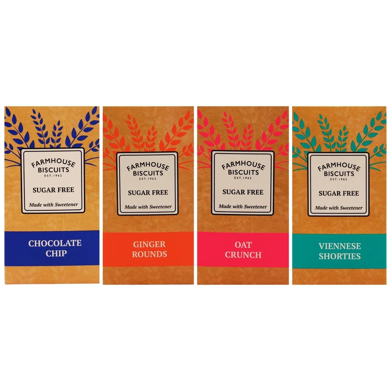 Farmhouse Sugar Free Biscuits For Diabetics Multipack Selection Box - Viennese Shorties, Ginger Cookies, Choc Chip Cookies, Oat Crunch Cookies