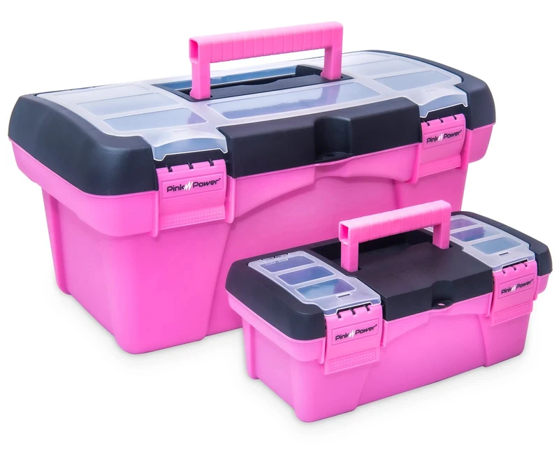 Pink Power Pink Tool Box for Women - Sewing, Art & Craft Organizer - Small & Large Plastic Tool Box with Handle - Portable Mini Locking Tool Boxes (2 Pack)