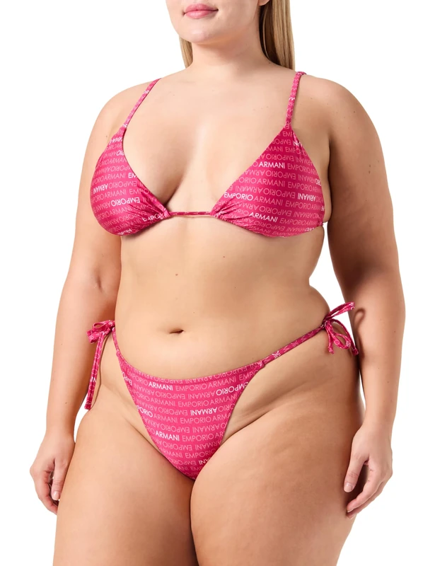 Emporio Armani Women's Triangle and String Brazilian Logomania Bikini Set, Cherry/Ecru, S