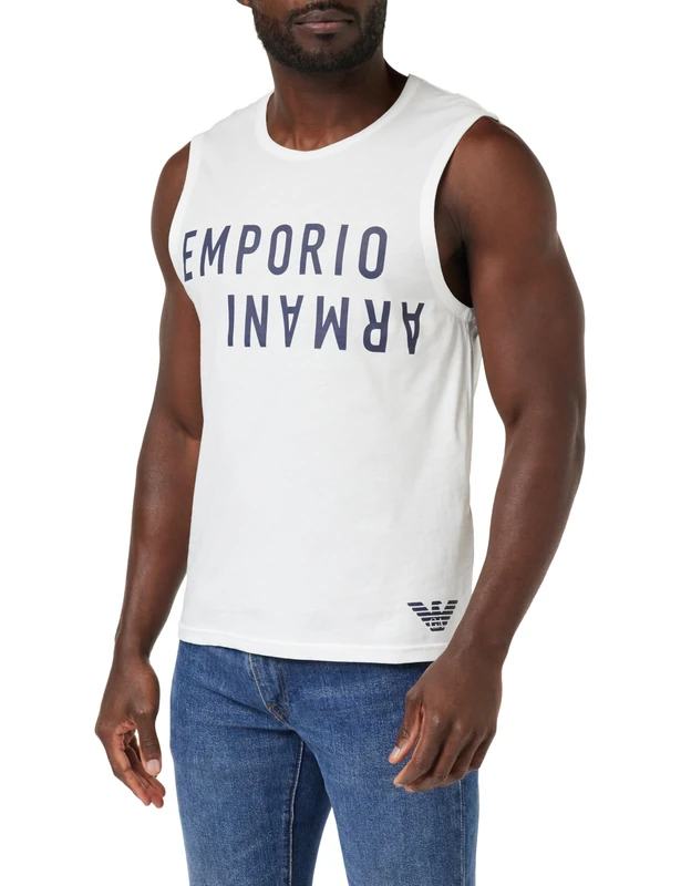 Emporio Armani Men's Bold Logo Sleveless T-Shirt, White/Navy Blue, S
