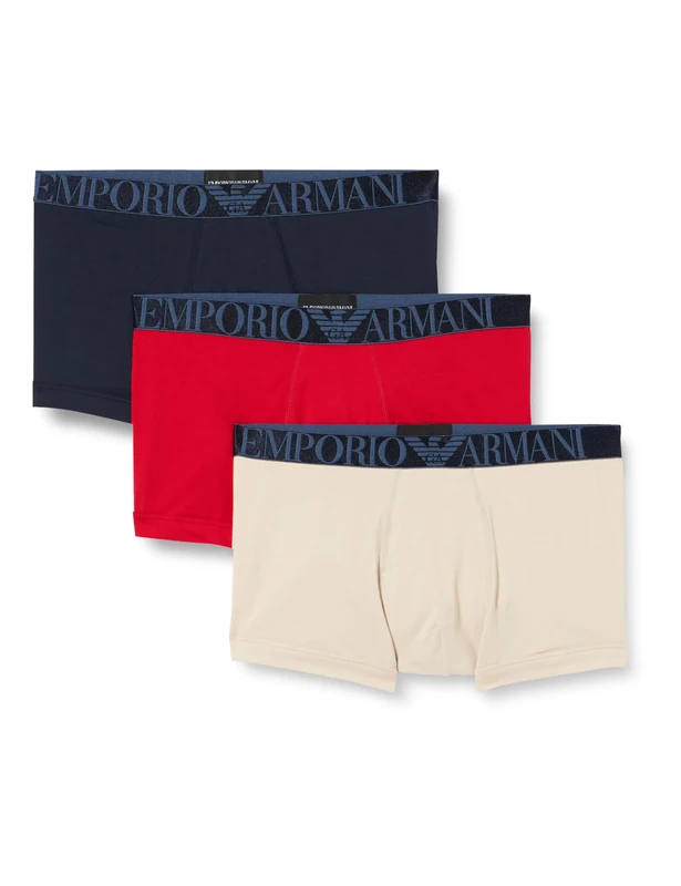 Emporio Armani Men's Stretch Cotton Shiny Logoband 3-Pack Trunk, Nude/RED/Marine, S