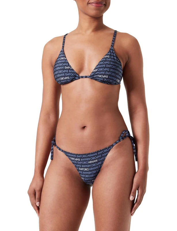Emporio Armani Women's Triangle and String Brazilian Logomania Bikini Set, Marine/Bianco (Bluestone), L
