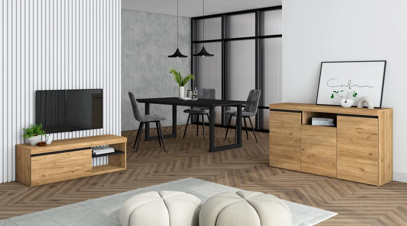 Skraut Home Living Room Furniture Set, Table, Backsplashback, TV Cabinet, Black-Oak-Oak, 194x90x75cm