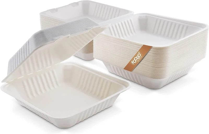 FOOGO Green 200pcs Takeaway Boxes, 8x8 inch, 42oz / 1200ml, Made from Natural Sugarcane Pulp, Eco-Friendly Clamshells, Disposable Food Container, Home Compostable Biodegradable Sugarcane Bagasse