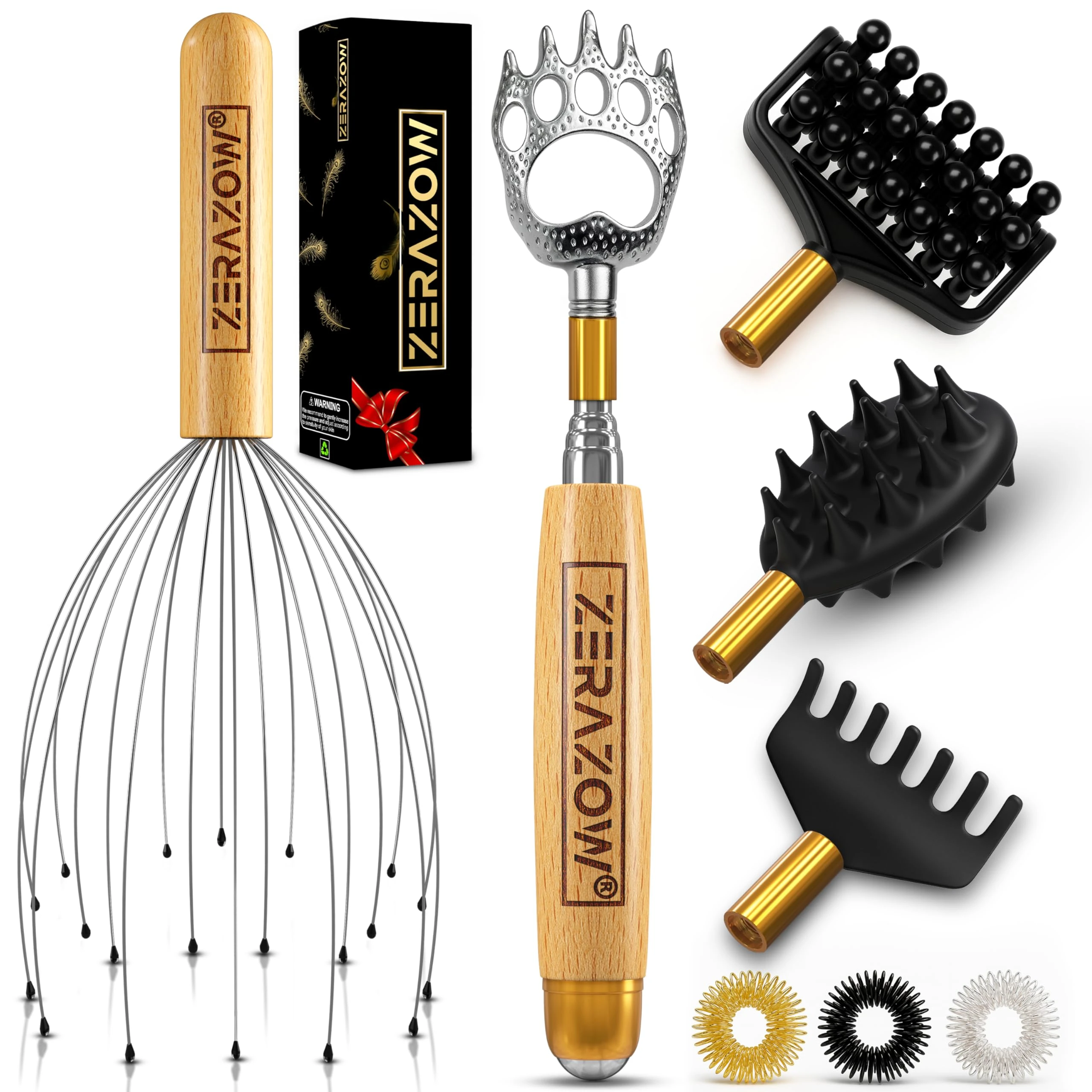 ZERAZOW® Telescoping Back Scratcher 9 Pcs Set | Backscratcher for Men & Women with 4 Detachable Heads | Scalp & Back Massager Tools | Stocking Fillers for Men | Dad Christmas Gifts | UK Brand