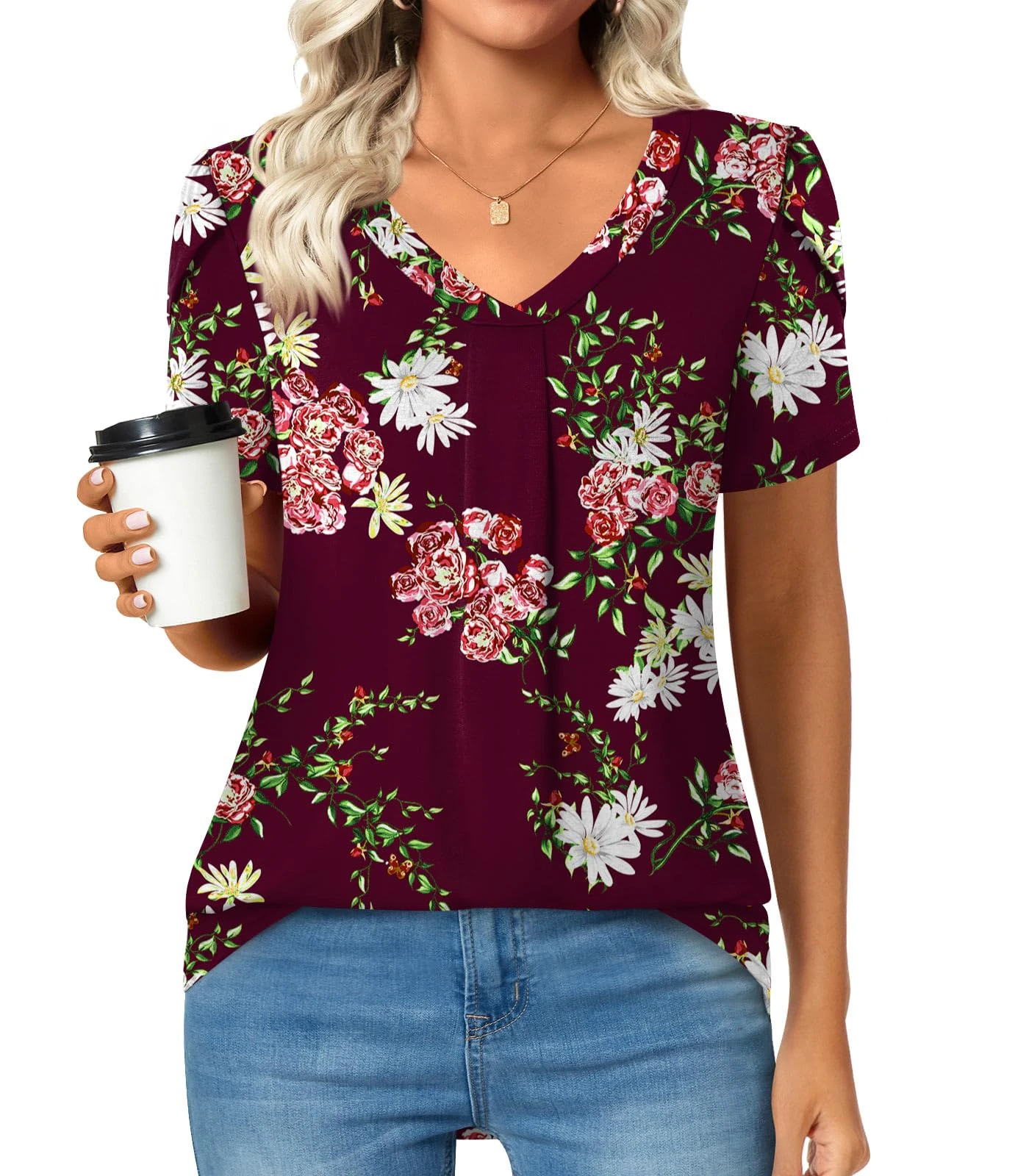 Bestbee Womens Short Sleeve Tops, Ladies Summer Tops Cute V Neck Shirts Plus Size Casual T-Shirts Loose Fit Blouses, Floral Wine, 2XL