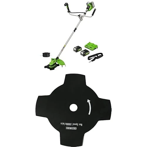 Greenworks 48V (2x24V) Cordless Brushcutter with Brushless Strimmer, 38cm Cutting Width, Bump Feed 25cm Blade, Two of 24V 4Ah Batteries & Charger GD24X2BCB + Extra Brush Cutter Blade