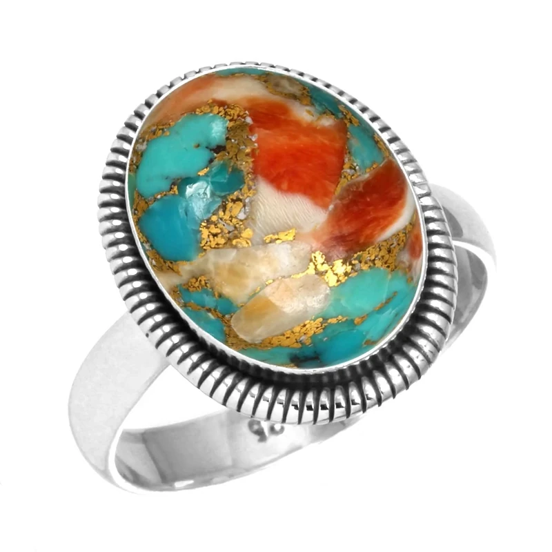 Jeweloporium Multicolor Spiny Oyster Silver Ring Size Y, 925 Sterling Silver Ring for Women, Genuine Oval Gemstone Boho Jewellery