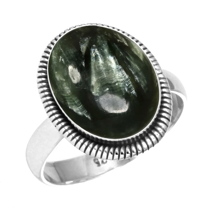 Jeweloporium Green Russian Seraphinite Silver Ring Size W 1/2, 925 Sterling Silver Ring for Women, Genuine Oval Gemstone Boho Jewellery
