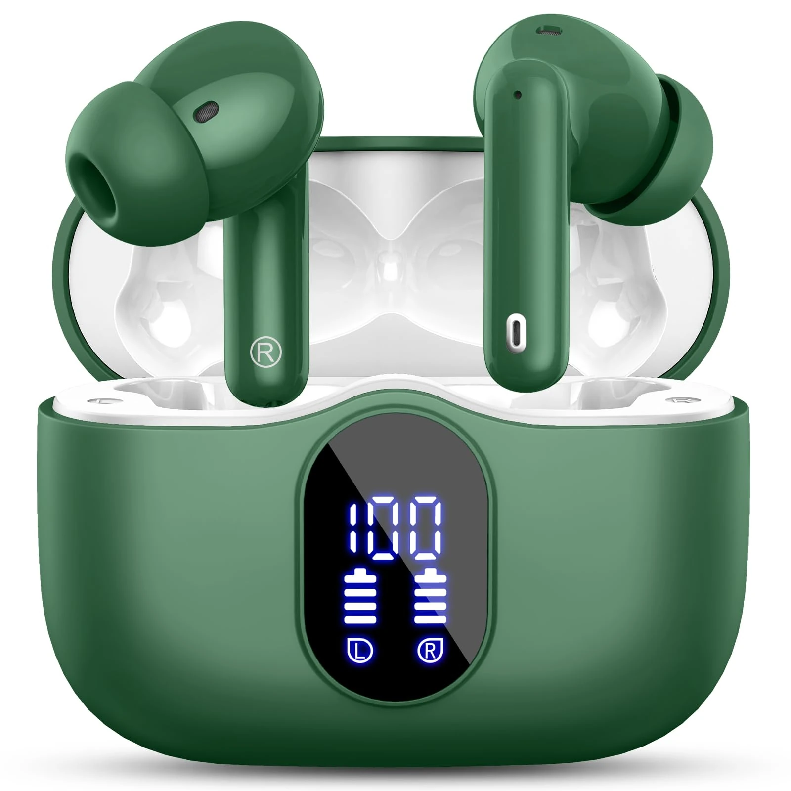 Wireless Earbuds, Bluetooth 5.3 Headphones In Ear with 4 ENC Noise Cancelling Mic, 2025 Bluetooth Earphones Mini HI-FI Stereo Sound, LED Display Wireless Headphones 36H Playtime IP7 Waterproof, Green