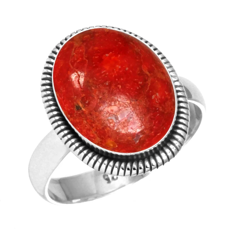 Jeweloporium Red Sponge Coral Silver Ring Size Z+1, 925 Sterling Silver Ring for Women, Genuine Oval Stone Boho Jewellery