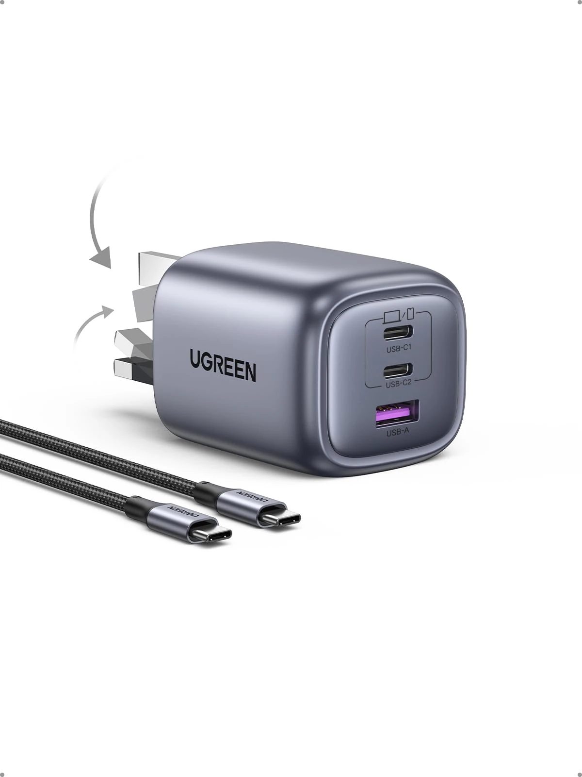 UGREEN USB C Charger 65W Macbook Charger with USB C Cable Nexode Foldable 3-Port GaN Fast Charger Plug Compatible with MacBook Pro/Air, iPhone 17 Pro Max/17 Pro/Air/17/16/15, iPad, Galaxy S24/S23