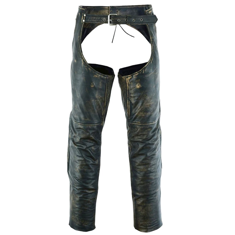 Dream Apparel Mens Distressed Brown Leather Motorcycle Riding Chaps with Zip Out Liner, Cowboy Biker Chaps Pants W/ 4 Pockets, Brown, Large