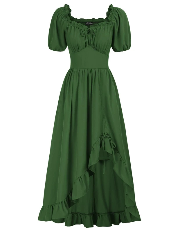 Scarlet Darkness Renaissance Dress Women Cottagecore Corset Dress Ruffle Maxi Dress with Pockets, Green, M